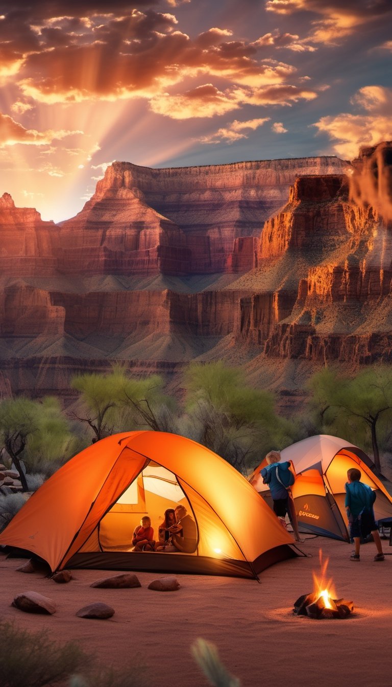 (((Masterpiece))), (((professional photography))), (Camping within the Grand Canyon),((ground perspective shot,)), (((family camping in the GRAND CANYON at sunset)), children are playing around the campfire and the light reflects off the tents from the setting sun, beautiful complex rock formations surround the family, complex 3d render, intricate reflections, ultra-detailed, HDR, Hyperrealism, sharp focus, Panasonic Lumix s pro 50mm, 8K, octane rendering, raytracing, (((professional photography))), high definition, photorealism, hyper-realistic, bokeh, depth of field, dynamically backlit, sharp edges, studio, vibrant details, ((professional Color grading)), photorealistic ,Movie Still