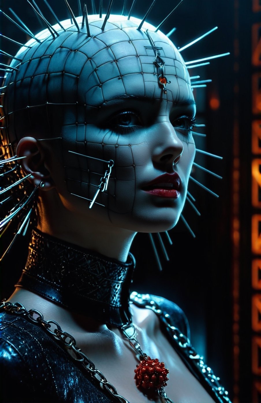 (((masterpiece))), (((style:hellraiser movie))), ((background:chains hanging from the ceiling)), ((her face looks like pinhead from hellraiser movie)), horror she as (c1bo:1.1),geometric patterns,red (fish roe half face:1.45), elegance, cyborg,Architectural Digest Fashion Feature, strong makeup urban skyline backdrop, (((liquid illumination:1.2))), (synthetic transparent:1.1), transculent brain, full body, walking, (detailed face:1.05),, complex 3d render, intricate reflections, ultra-detailed, HDR, Hyperrealism, sharp focus, Panasonic Lumix s pro 50mm, 8K, octane rendering, raytracing, (((professional photography))), high definition, photorealism, hyper-realistic, bokeh, depth of field, dynamically backlit, sharp edges, studio, vibrant details, ((professional Color grading)), photorealistic ,detailmaster2,photorealistic,mimico,skirtlift,Sitting blowjob,deepthroat / cum / hands on another's head / pov hands / head grab,blowjob,1boy