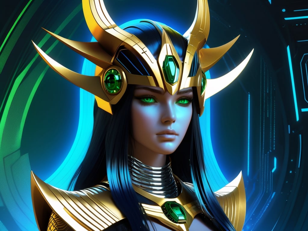 (((Masterpiece))), Beautiful cyber queen wearing, ((BLUE and CHROME Gold space helm cover face with Tribal on it)), ((irridescent green eyes)), in the style of futuristic space elements Scorn glamour, animated gifs, (((stefan gesell))), algorithmic artistry, ((android jones)), (tim hildebrandt), pop art with a dark sine of the moon Scorn Hr Giger ,  complex 3d render, intricate reflections, cinematic, image, ultra-detailed, HDR, Hyperrealism,  dynamically backlit, sharp focus, Panasonic Lumix s pro 50mm, 8K, octane rendering, raytracing, (((professional photography))), high definition, photorealism, hyper-realistic, bokeh, depth of field,  sharp edges, studio, vibrant details, ((professional Colorgrading))