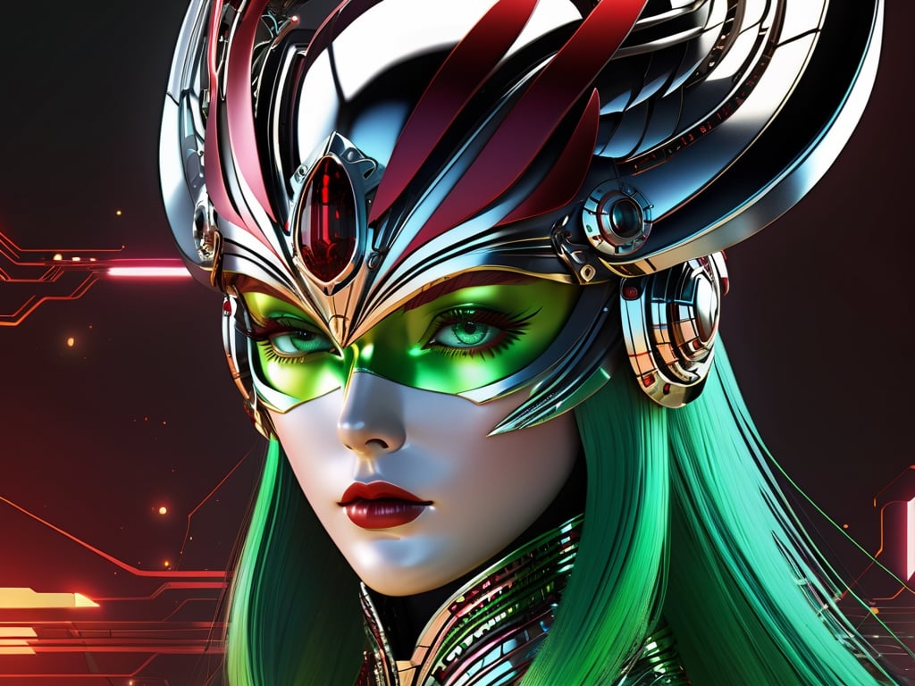 (((Masterpiece))), Beautiful cyber queen wearing, ((red and CHROME Gold space helm cover face with Tribal on it)), ((irridescent green eyes)), in the style of futuristic space elements Scorn glamour, animated gifs, (((stefan gesell))), algorithmic artistry, ((android jones)), (tim hildebrandt), pop art with a dark sine of the moon Scorn Hr Giger ,  complex 3d render, intricate reflections, cinematic, image, ultra-detailed, HDR, Hyperrealism,  dynamically backlit, sharp focus, Panasonic Lumix s pro 50mm, 8K, octane rendering, raytracing, (((professional photography))), high definition, photorealism, hyper-realistic, bokeh, depth of field,  sharp edges, studio, vibrant details, ((professional Colorgrading))