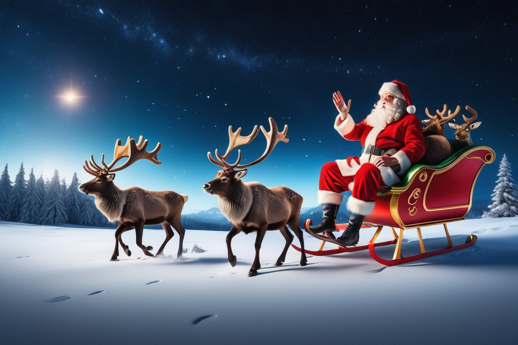 (((masterpiece))), (((Santa Claus Waving Goodbye To 2023 while flying away in his sleigh pulled by 10 reindeer into the star cast night))), ((Santa Claus smiling at the camera)), it is a beautiful night with comets in the sky and colorful stars twinkling in the background, complex 3d render, intricate reflections, ultra-detailed, HDR, Hyperrealism, Panasonic Lumix s pro 50mm, 8K, octane rendering, raytracing, (((professional photography))), high definition, photorealism, hyper-realistic, bokeh, depth of field, dynamically backlit, studio, vibrant details, ((professional Color grading)), photorealistic , monster,,,monsterdiversity"