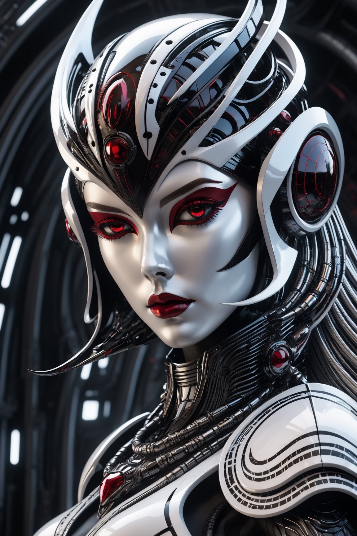 (((Masterpiece))), Beautiful young lady, white makup, crimson red lipstick, irredescent black eyes, ((RED and silver BLACK space helm cover face with Tribal on it)), in the style of futuristic space elements Scorn glamour, animated gifs, (((stefan gesell))), algorithmic artistry, ((android jones)), (tim hildebrandt), pop art with a dark sine of the moon Scorn Hr Giger ,Monster, complex 3d render, intricate reflections, cinematic, image, ultra-detailed, HDR, Hyperrealism, sharp focus, Panasonic Lumix s pro 50mm, 8K, octane rendering, raytracing, (((professional photography))), high definition, photorealism, hyper-realistic, bokeh, depth of field, dynamically backlit, sharp focus, sharp edges, studio, vibrant details, ((professional Colorgrading)), ,detailmaster2,cyborg style