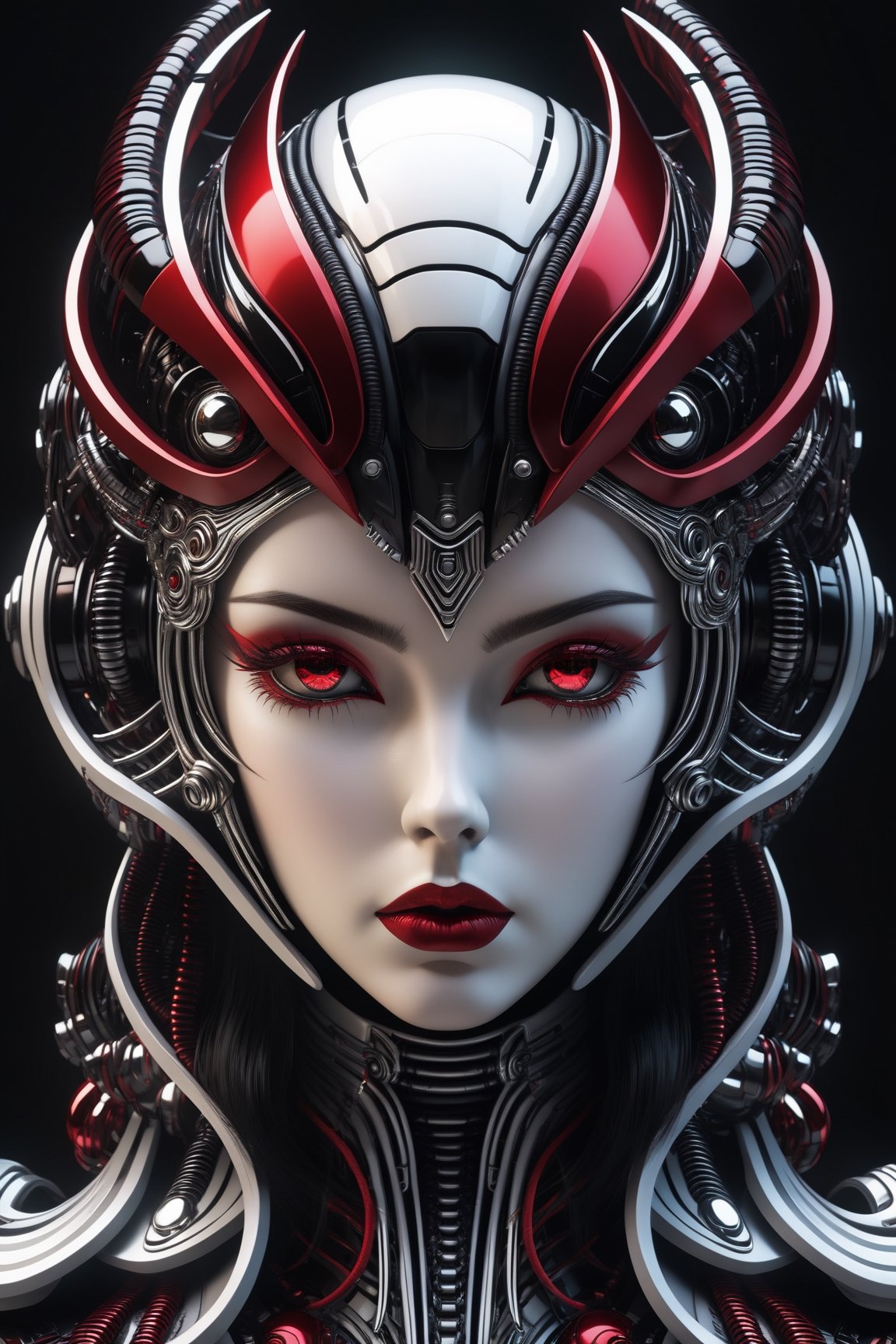 (((Masterpiece))), Beautiful young lady, white makup, crimson red lipstick, irredescent black eyes, ((RED and chrome BLACK space helm cover face with Tribal on it)), in the style of futuristic space elements Scorn glamour, animated gifs, (((stefan gesell))), algorithmic artistry, ((android jones)), (tim hildebrandt), pop art with a dark sine of the moon Scorn Hr Giger ,Monster, complex 3d render, intricate reflections, cinematic, image, ultra-detailed, HDR, Hyperrealism, sharp focus, Panasonic Lumix s pro 50mm, 8K, octane rendering, raytracing, (((professional photography))), high definition, photorealism, hyper-realistic, bokeh, depth of field, dynamically backlit, sharp focus, sharp edges, studio, vibrant details, ((professional Colorgrading)), ,detailmaster2,cyborg style,cyborg