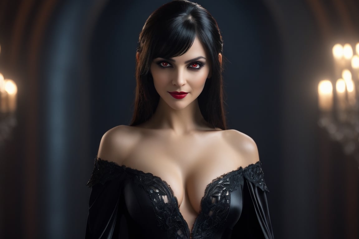 (Masterpiece), Beautiful Vampire with ((irridecent red eyes)), (((perfect breasts))), low cut black satin dress, smiling with (vampire teeth showing), ((flowing shiny black hair)), vampire movie theme, complex 3d render, intricate reflections, Intricate shadows, cinematic, image, ultra-detailed, HDR, Hyperrealism, professional photography, backlit, sharp focus, Panasonic Lumix s pro 50mm, 8K, octane rendering, raytracing, intricate shadows, (((professional photography))), high definition, photorealism, hyper-realistic, bokeh, depth of field, dynamically backlit, sharp focus, sharp edges, studio soft light, rim light, vibrant details, ((professional colorgrading))
,Movie Still,Film Still,Cinematic,monster,perfecteyes