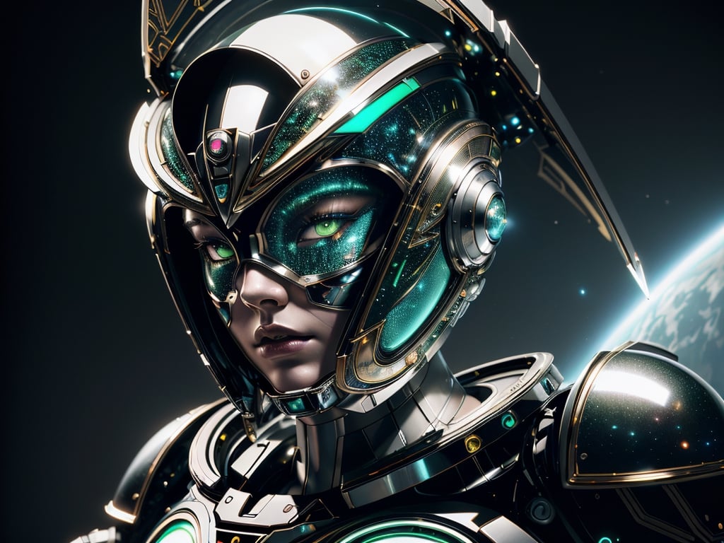 (((Masterpiece))), Beautiful cyber queen wearing, ((white and silver Gold space helm cover face with Tribal on it)), ((irridescent green eyes)), in the style of futuristic space elements Scorn glamour, animated gifs, (((stefan gesell))), algorithmic artistry, ((android jones)), (tim hildebrandt), pop art with a dark sine of the moon Scorn Hr Giger ,  complex 3d render, intricate reflections, cinematic, image, ultra-detailed, HDR, Hyperrealism,  dynamically backlit, sharp focus, Panasonic Lumix s pro 50mm, 8K, octane rendering, raytracing, (((professional photography))), high definition, photorealism, hyper-realistic, bokeh, depth of field,  sharp edges, studio, vibrant details, ((professional Colorgrading))