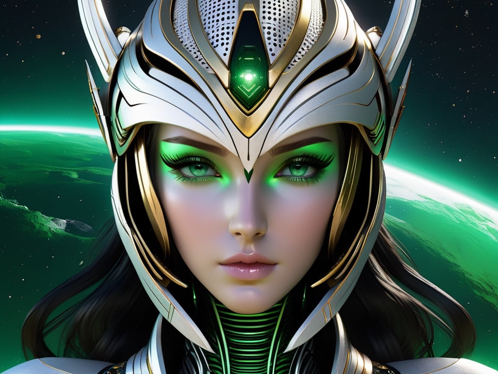 (((Masterpiece))), Beautiful cyber queen wearing, ((white and silver Gold space helm cover face with Tribal on it)), ((irridescent green eyes)), in the style of futuristic space elements Scorn glamour, animated gifs, (((stefan gesell))), algorithmic artistry, ((android jones)), (tim hildebrandt), pop art with a dark sine of the moon Scorn Hr Giger ,  complex 3d render, intricate reflections, cinematic, image, ultra-detailed, HDR, Hyperrealism,  dynamically backlit, sharp focus, Panasonic Lumix s pro 50mm, 8K, octane rendering, raytracing, (((professional photography))), high definition, photorealism, hyper-realistic, bokeh, depth of field,  sharp edges, studio, vibrant details, ((professional Colorgrading))