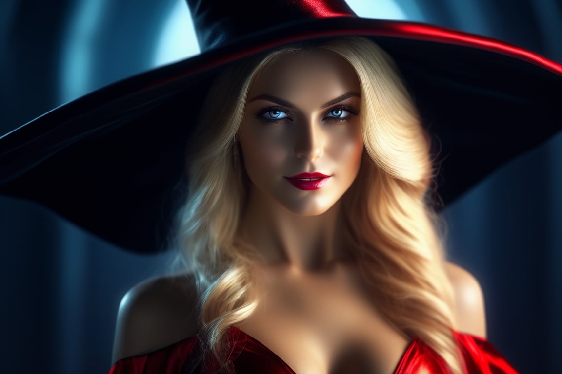 (((Masterpiece))), Beautiful female witch with ((irridecent red eyes)), (((perfect breasts))), low cut red satin dress, smiling with (vampire teeth showing), ((flowing shiny blond hair)), vampire movie theme, wearing a black satin witch hat, complex 3d render, intricate reflections, Intricate shadows, cinematic, image, ultra-detailed, HDR, Hyperrealism, professional photography, backlit, sharp focus, Panasonic Lumix s pro 50mm, 8K, octane rendering, raytracing, intricate shadows, (((professional photography))), high definition, photorealism, hyper-realistic, bokeh, depth of field, dynamically backlit, sharp focus, sharp edges, studio soft light, rim light, vibrant details, ((professional colorgrading))
,Movie Still,Film Still,Cinematic,monster,perfecteyes