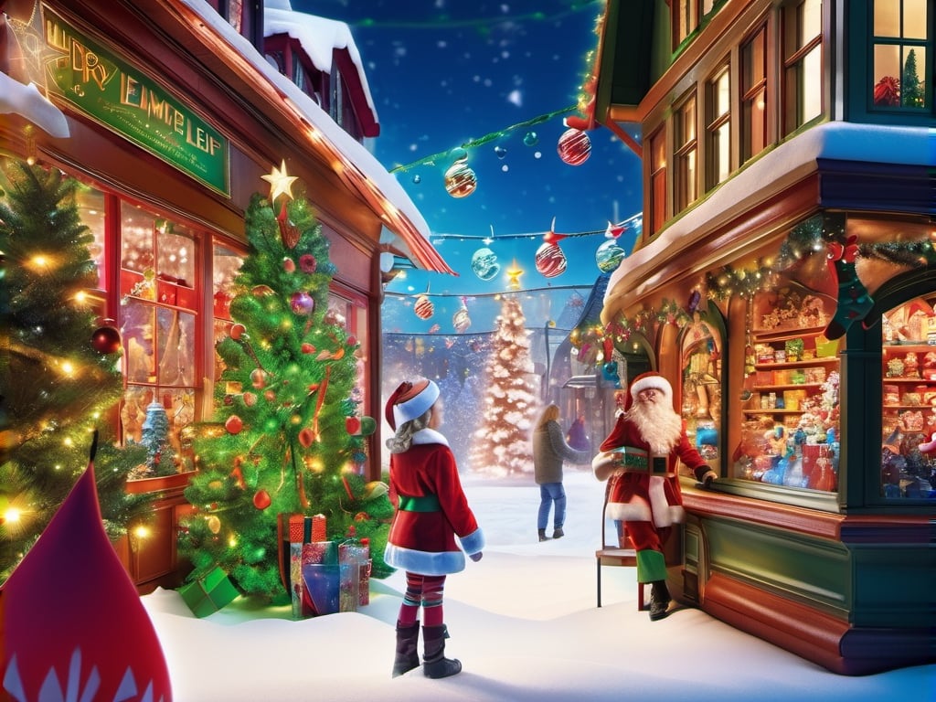 (((masterpiece))), ((Snowy Christmas scene in santas toy shop with beautiful blond haired girl facing the camera with iridescent blue eyes)), medium shot, background:snowy Christmas scene, ((Santas Elves Making Toys and christmas lights lit up around the toy shop)), (happy elves smiling and walking around toy shop enjoying the Christmas spirit), complex 3d render, intricate reflections, ultra-detailed, HDR, Hyperrealism, Panasonic Lumix s pro 50mm, 8K, octane rendering, raytracing, (((professional photography))), high definition, photorealism, hyper-realistic, bokeh, depth of field, dynamically backlit,  studio, vibrant details, ((professional Color grading)), photorealistic ,detailmaster2,photorealistic, sharp edges,  sharp focus ,christmas