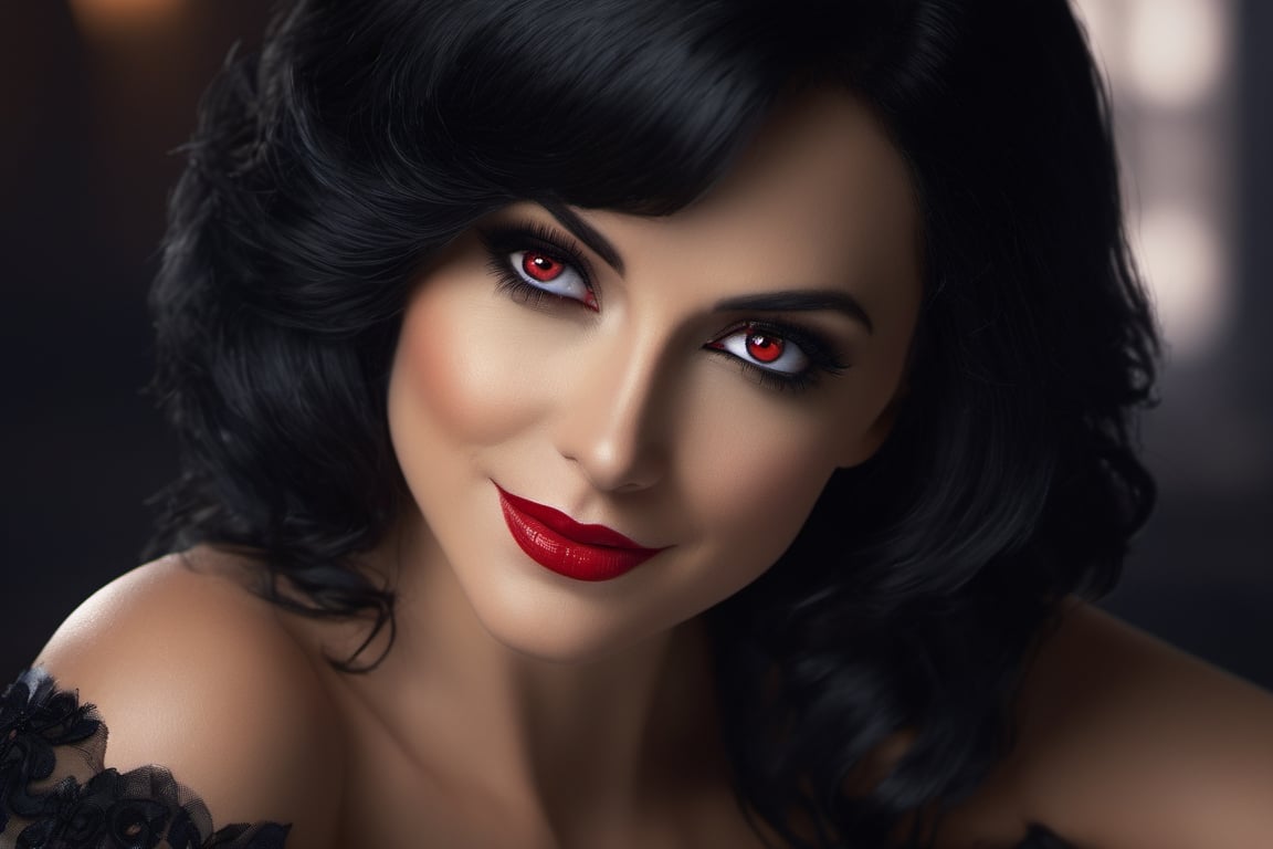 (Masterpiece), Beautiful Vampire with ((irridecent red eyes)), (((perfect breasts))), low cut black satin dress, smiling with (vampire teeth), ((flowing shiny black hair)), vampire movie theme, complex 3d render, intricate reflections, Intricate shadows, cinematic, image, ultra-detailed, HDR, Hyperrealism, professional photography, backlit, sharp focus, Panasonic Lumix s pro 50mm, 8K, octane rendering, raytracing, intricate shadows, (((professional photography))), high definition, photorealism, hyper-realistic, bokeh, depth of field, dynamically backlit, sharp focus, sharp edges, studio soft light, rim light, vibrant details, ((professional colorgrading))
,Movie Still,Film Still,Cinematic,monster,perfecteyes