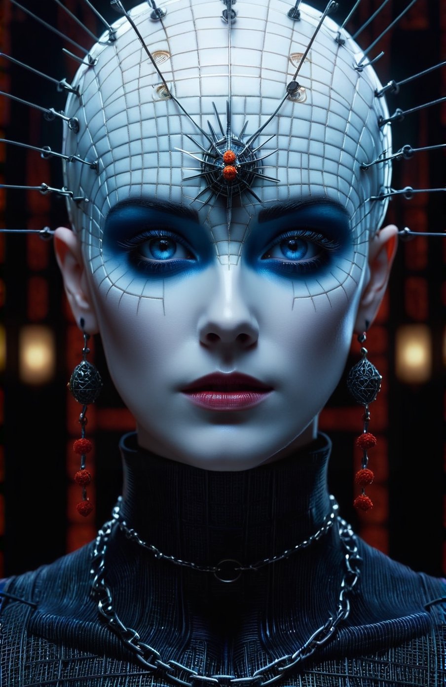 (((masterpiece))), (((style:hellraiser movie))), ((background:chains hanging from the ceiling)), ((her face looks like pinhead from hellraiser movie)), horror she as (c1bo:1.1),geometric patterns,red (fish roe half face:1.45), elegance, cyborg,Architectural Digest Fashion Feature, strong makeup urban skyline backdrop, (((liquid illumination:1.2))), (synthetic transparent:1.1), transculent brain, full body, walking, (detailed face:1.05), ((iridescent blue eyes)), (facing the camera), complex 3d render, intricate reflections, ultra-detailed, HDR, Hyperrealism, sharp focus, Panasonic Lumix s pro 50mm, 8K, octane rendering, raytracing, (((professional photography))), high definition, photorealism, hyper-realistic, bokeh, depth of field, dynamically backlit, sharp edges, studio, vibrant details, ((professional Color grading)), photorealistic ,detailmaster2, (photo realistic), (Sharp Focus)