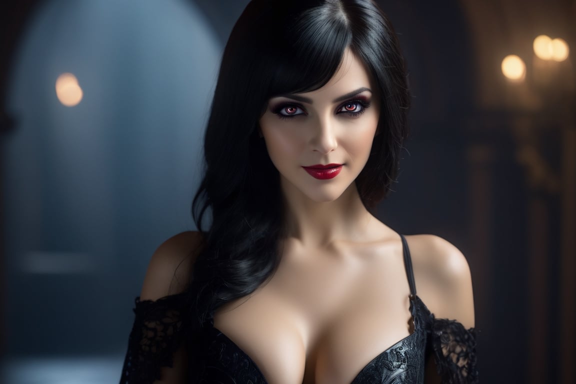 (Masterpiece), Beautiful Vampire with ((irridecent red eyes)), (((perfect breasts))), low cut black satin dress, smiling with (vampire teeth showing), ((flowing shiny black hair)), vampire movie theme, complex 3d render, intricate reflections, Intricate shadows, cinematic, image, ultra-detailed, HDR, Hyperrealism, professional photography, backlit, sharp focus, Panasonic Lumix s pro 50mm, 8K, octane rendering, raytracing, intricate shadows, (((professional photography))), high definition, photorealism, hyper-realistic, bokeh, depth of field, dynamically backlit, sharp focus, sharp edges, studio soft light, rim light, vibrant details, ((professional colorgrading))
,Movie Still,Film Still,Cinematic,monster,perfecteyes