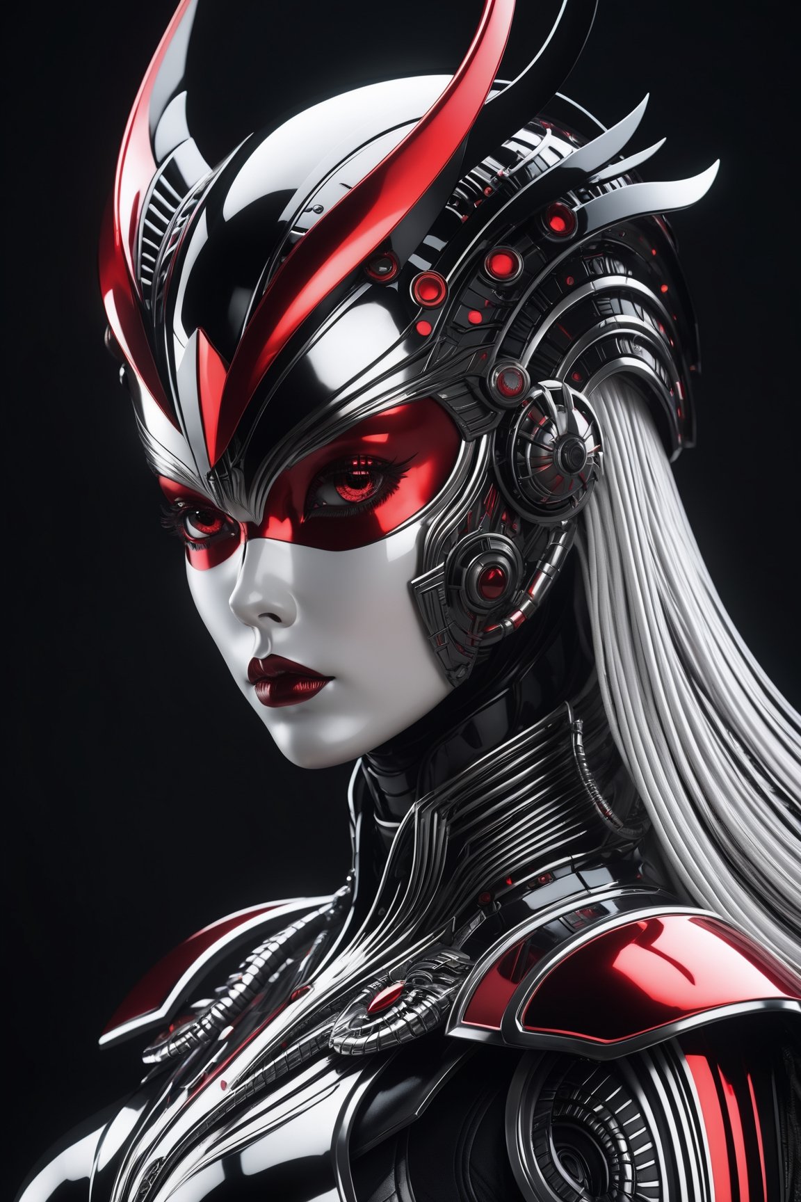 (((Masterpiece))), Beautiful young lady, white makup, crimson red lipstick, irredescent black eyes, ((RED and chrome BLACK space helm cover face with Tribal on it)), in the style of futuristic space elements Scorn glamour, animated gifs, (((stefan gesell))), algorithmic artistry, ((android jones)), (tim hildebrandt), pop art with a dark sine of the moon Scorn Hr Giger ,Monster, complex 3d render, intricate reflections, cinematic, image, ultra-detailed, HDR, Hyperrealism, sharp focus, Panasonic Lumix s pro 50mm, 8K, octane rendering, raytracing, (((professional photography))), high definition, photorealism, hyper-realistic, bokeh, depth of field, dynamically backlit, sharp focus, sharp edges, studio, vibrant details, ((professional Colorgrading)), ,detailmaster2,cyborg style,cyborg