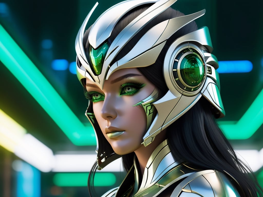 (((Masterpiece))), Beautiful cyber queen wearing, ((white and silver Gold space helm cover face with Tribal on it)), ((irridescent green eyes)), in the style of futuristic space elements Scorn glamour, animated gifs, (((stefan gesell))), algorithmic artistry, ((android jones)), (tim hildebrandt), pop art with a dark sine of the moon Scorn Hr Giger ,  complex 3d render, intricate reflections, cinematic, image, ultra-detailed, HDR, Hyperrealism,  dynamically backlit, sharp focus, Panasonic Lumix s pro 50mm, 8K, octane rendering, raytracing, (((professional photography))), high definition, photorealism, hyper-realistic, bokeh, depth of field,  sharp edges, studio, vibrant details, ((professional Colorgrading))