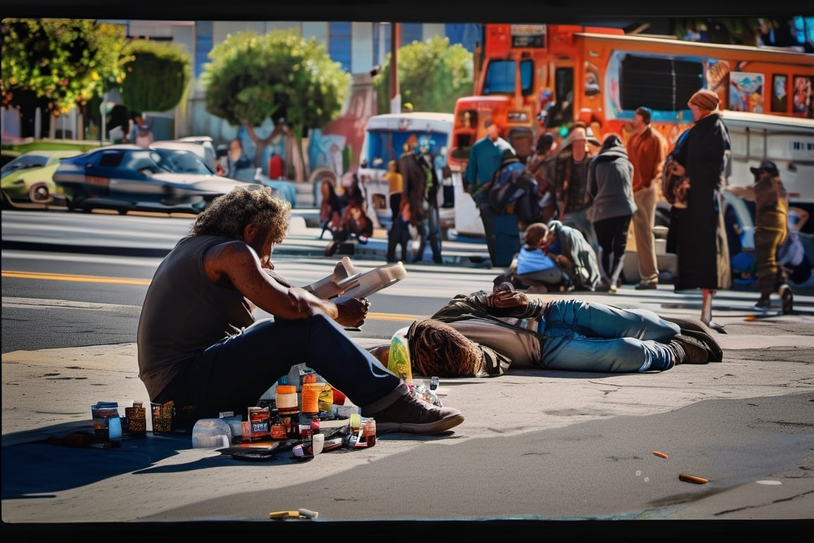 (((masterpiece))), (((drug use in the streets of Los Angelos people shooting up drugs on the sidewalk))), ((homeless people laying in the street with hypodermic needles laying everywhere)), (the streets look like an epidemic of drug use of zombie looking people),  complex 3d render, intricate reflections, ultra-detailed, HDR, Hyperrealism, Panasonic Lumix s pro 50mm, 8K, octane rendering, raytracing, (((professional photography))), high definition, photorealism, hyper-realistic, bokeh, depth of field, dynamically backlit, studio, vibrant details, ((professional Color grading)), photorealistic , 