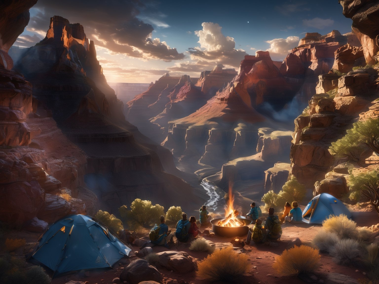 (((Masterpiece))), (((professional photography))), (Camping within the Grand Canyon),((ground perspective shot,)), (((family camping in the GRAND CANYON at sunset)), children are playing around the campfire and the light reflects off the tents from the setting sun, beautiful complex rock formations surround the family, complex 3d render, intricate reflections, ultra-detailed, HDR, Hyperrealism, sharp focus, Panasonic Lumix s pro 50mm, 8K, octane rendering, raytracing, (((professional photography))), high definition, photorealism, hyper-realistic, bokeh, depth of field, dynamically backlit, sharp edges, studio, vibrant details, ((professional Color grading)), photorealistic ,Movie Still,Renaissance Sci-Fi Fantasy