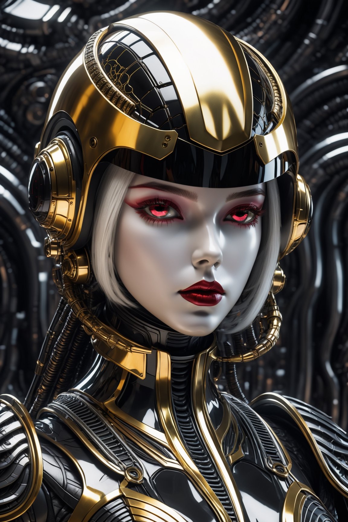 (((Masterpiece))), Beautiful young lady, white makup, crimson red lipstick, irredescent GOLD eyes, ((GOLD and chrome BLACK CHROME space helmet cover face with Tribal on it)), in the style of futuristic space elements Scorn glamour, animated gifs, (((stefan gesell))), algorithmic artistry, ((android jones)), (tim hildebrandt), pop art with a dark sine of the moon Scorn Hr Giger ,Monster, complex 3d render, intricate reflections, cinematic, image, ultra-detailed, HDR, Hyperrealism, sharp focus, Panasonic Lumix s pro 50mm, 8K, octane rendering, raytracing, (((professional photography))), high definition, photorealism, hyper-realistic, bokeh, depth of field, dynamically backlit, sharp focus, sharp edges, studio, vibrant details, ((professional Colorgrading)), ,detailmaster2,cyborg style,cyborg,android