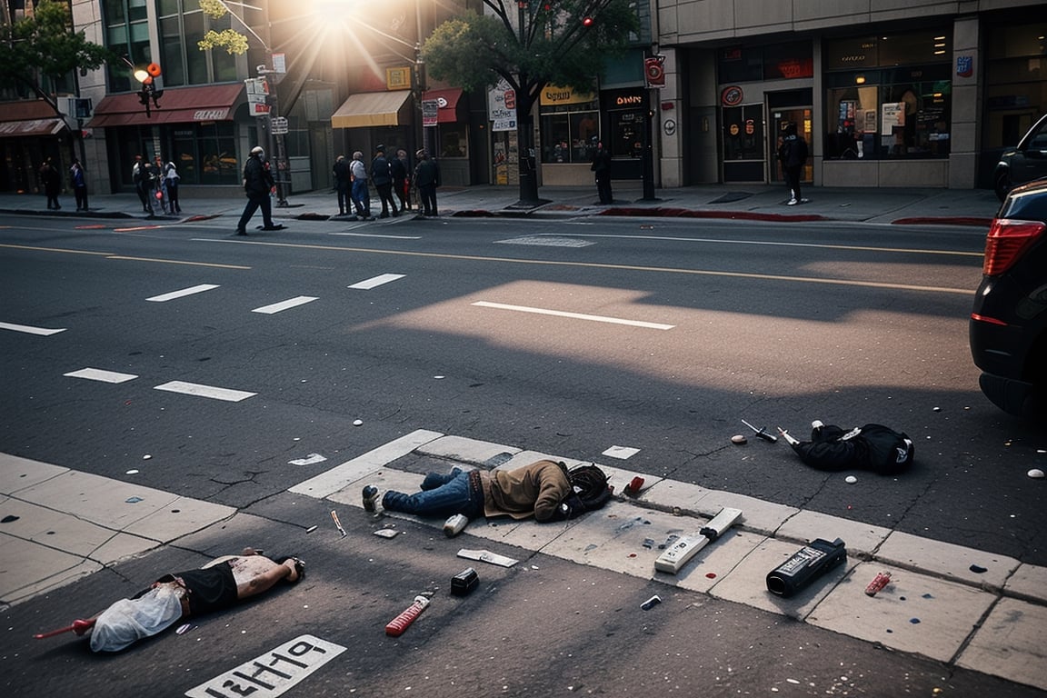 (((masterpiece))), (((drug use in the streets of Los Angelos people shooting up drugs on the sidewalk))), ((homeless people laying in the street with hypodermic needles laying everywhere)), (the streets look like an epidemic of drug use of zombie looking people),  complex 3d render, intricate reflections, ultra-detailed, HDR, Hyperrealism, Panasonic Lumix s pro 50mm, 8K, octane rendering, raytracing, (((professional photography))), high definition, photorealism, hyper-realistic, bokeh, depth of field, dynamically backlit, studio, vibrant details, ((professional Color grading)), photorealistic , 