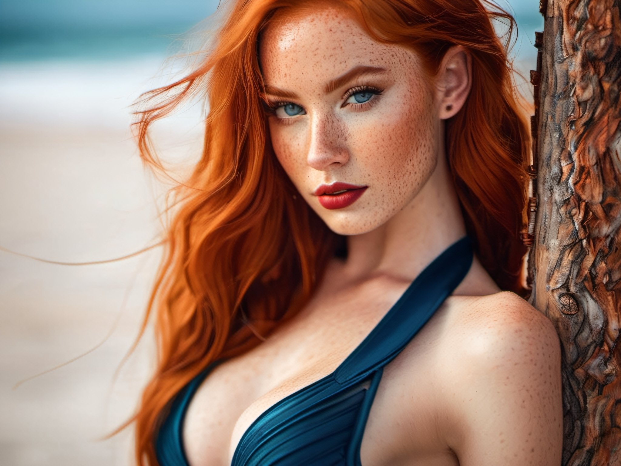 (((masterpiece))), best quality,(extremely detailed,8k,UHD),sharp focus,wet dream redhead model hair in a bun, with (((elf ears))), (((freckled face))), (picture perfect face,perfect tits),(auburn red hair, wet bikini),perfect blue eyes,irridescent blue eyes),perfect eyes, (beautiful face,cute,beautiful detailed eyes,luscious lips,highly detailed skin,freckled face, elf ears), (background:ocean sunset), perfect female body,hourglass body shape,perfect breast,(slim waist,perfect proportions), charming,hot,sexy,stylish,seductive,appealing,attractive, beautiful and delicate,hypnotizing beauty,long eyelashes,crimson red lipstick,makeup,shy,perfect ass, perfect legs, smiling at the camera, (((full shot)))