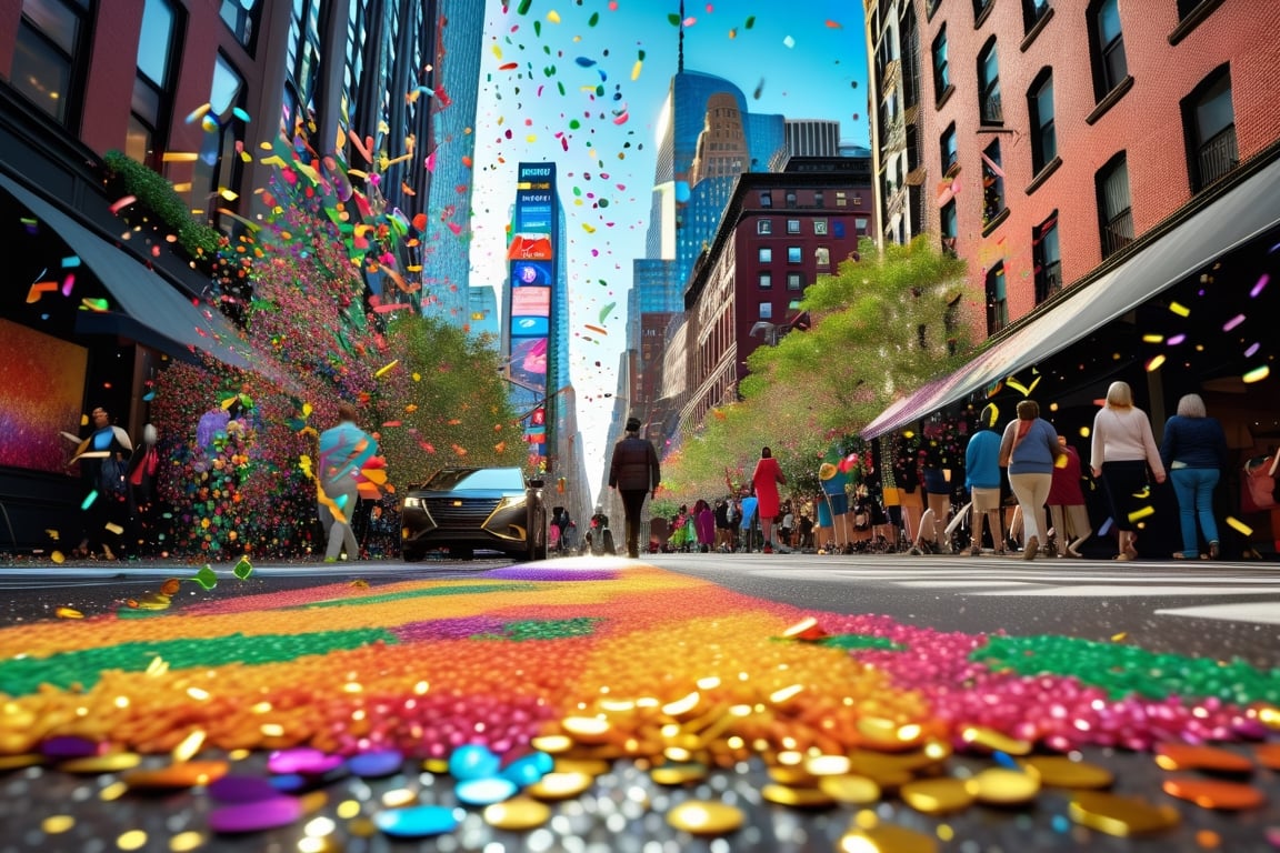 (((masterpiece))), (((New York City is having a confetti storm with colorful shiny metallic confetti raining down on people walking on the sidewalks))), complex 3d render, intricate reflections, ultra-detailed, HDR, Hyperrealism, Panasonic Lumix s pro 50mm, 8K, octane rendering, raytracing, (((professional photography))), high definition, photorealism, hyper-realistic, bokeh, depth of field, dynamically backlit, studio, vibrant details, ((professional Color grading)), photorealistic ,aw0k euphoric style,more detail XL