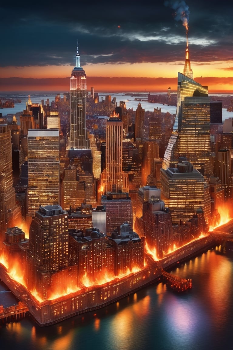 (((masterpiece))), (((everything is on filre))),(((New York City completely engulfed in flames))), ((all buildings on fire)), (flames that reach the heavens buring every inch of New York City Skyline)), (perspective shot), ((background:new york city on fire)), complex 3d render, intricate reflections, ultra-detailed, HDR, Hyperrealism, sharp focus, Panasonic Lumix s pro 50mm, 8K, octane rendering, raytracing, (((professional photography))), high definition, photorealism, hyper-realistic, bokeh, depth of field, dynamically backlit, sharp edges, studio, vibrant details, ((professional Color grading)), photorealistic ,fire element