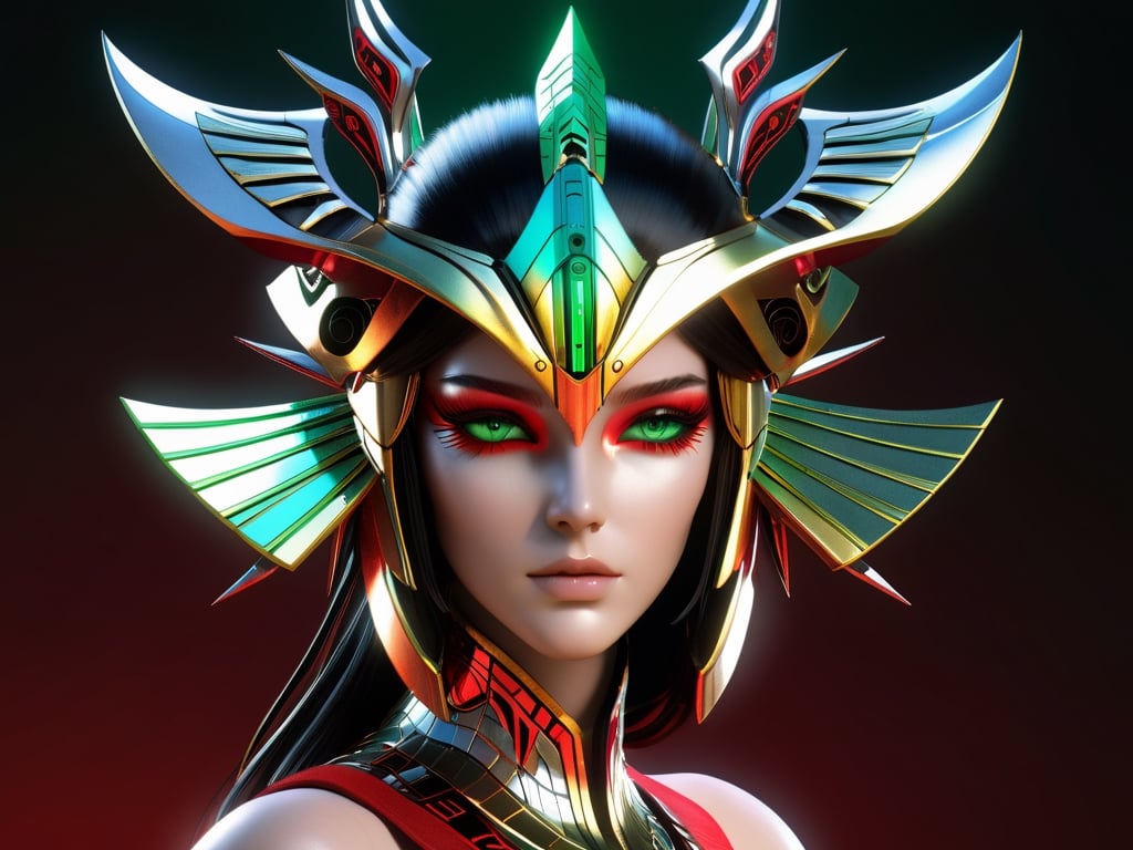 (((Masterpiece))), Beautiful cyber queen wearing, ((red and CHROME Gold space helm cover face with Tribal on it)), ((irridescent green eyes)), in the style of futuristic space elements Scorn glamour, animated gifs, (((stefan gesell))), algorithmic artistry, ((android jones)), (tim hildebrandt), pop art with a dark sine of the moon Scorn Hr Giger ,  complex 3d render, intricate reflections, cinematic, image, ultra-detailed, HDR, Hyperrealism,  dynamically backlit, sharp focus, Panasonic Lumix s pro 50mm, 8K, octane rendering, raytracing, (((professional photography))), high definition, photorealism, hyper-realistic, bokeh, depth of field,  sharp edges, studio, vibrant details, ((professional Colorgrading))