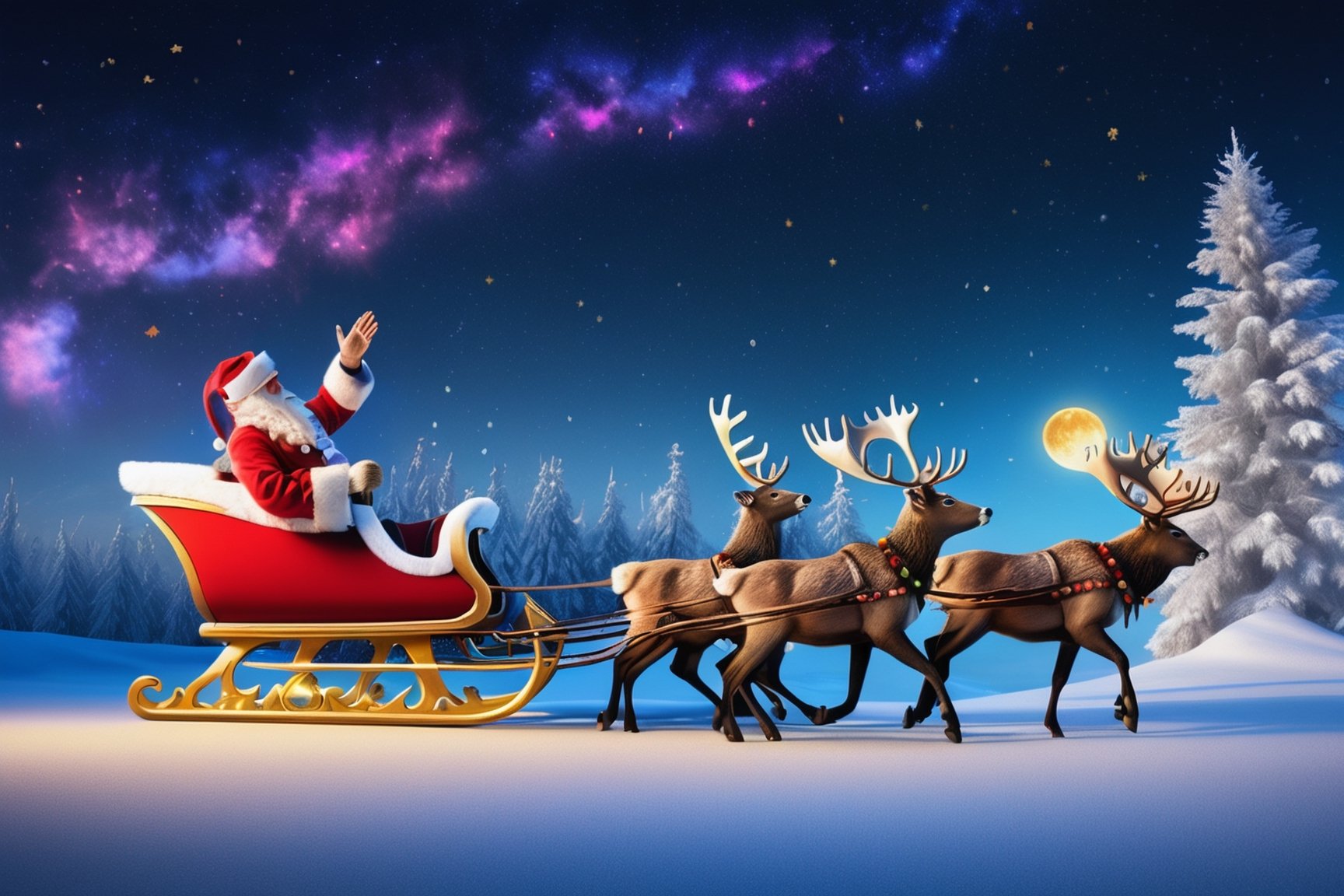 (((masterpiece))), (((Santa Claus Waving Goodbye To 2023 while flying away in his sleigh pulled by 10 reindeer into the star cast night))), it is a beautiful night with comets in the sky and colorful stars twinkling in the background, complex 3d render, intricate reflections, ultra-detailed, HDR, Hyperrealism, Panasonic Lumix s pro 50mm, 8K, octane rendering, raytracing, (((professional photography))), high definition, photorealism, hyper-realistic, bokeh, depth of field, dynamically backlit, studio, vibrant details, ((professional Color grading)), photorealistic , monster,,,monsterdiversity"