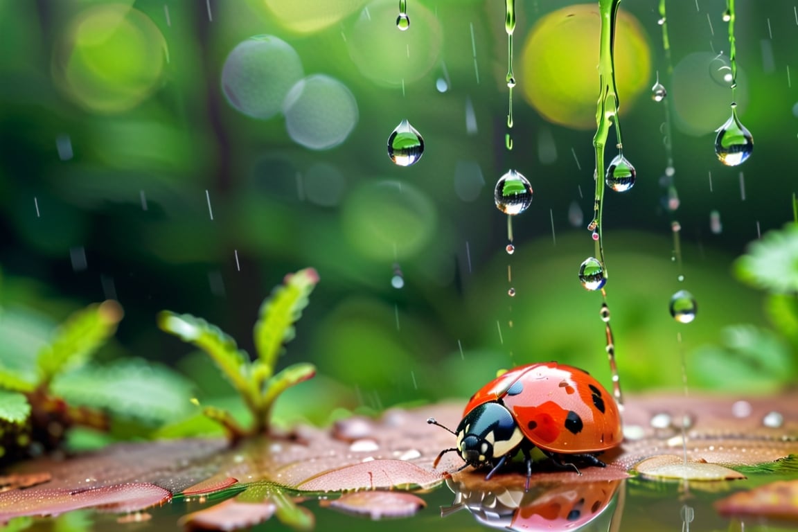 (((masterpiece))), (((Raindrops still photography))), (((raindrops still action photography))), ((capture the intricate raindrop falling from the sky with the reflection of the forest inside the raindrops)), background:beautiful bright green forest, ladybug,Miki Asai Macro photography, hyper detailed, trending on artstation, sharp focus, studio photo, intricate details, highly detailed,))), complex 3d render, intricate reflections, ultra-detailed, HDR, Hyperrealism, Panasonic Lumix s pro 50mm, 8K, octane rendering, raytracing, (((professional photography))), high definition, photorealism, hyper-realistic, bokeh, depth of field, dynamically backlit, studio, vibrant details, ((professional Color grading)), photorealistic ,aw0k euphoric style,more detail XL