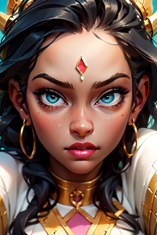 An african woman, detailed and stylized portraits, close - up, dark cyan and light bronze, bryan hitch, afro - caribbean influence, black African queen with long hair illustration, in the style of bold and colorful compositions, kind facial expression, symmetrical balance, highly detailed illustrations