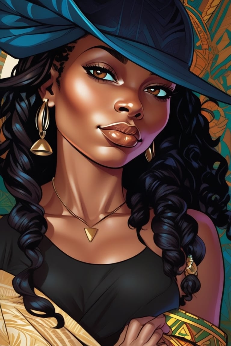 in the style of j. scott campbell, simplified and stylized portraits, close - up, dark cyan and light bronze, celebrity - portraits, bryan hitch, afro - caribbean influence, black African queen with dread locs illustration, in the style of bold and colorful compositions, dayak art, patrick brown, kind facial expression, symmetrical balance, highly detailed illustrations