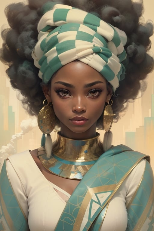 1 african american queen with a rhinestone crown, face forward, full-body_portrait, symmetrical face, perfect grey eyes, smoke, sparks, (female hair made of gold dreadlocks), (long dreadlock hair made of gold neon strands flowing down the body), smoky skin, realism, wearing a gold and silver royal gown, floating over the city, in an absurd manga context, ultra high resolution, 8k, HDr, art, high detail, art, outfit-km