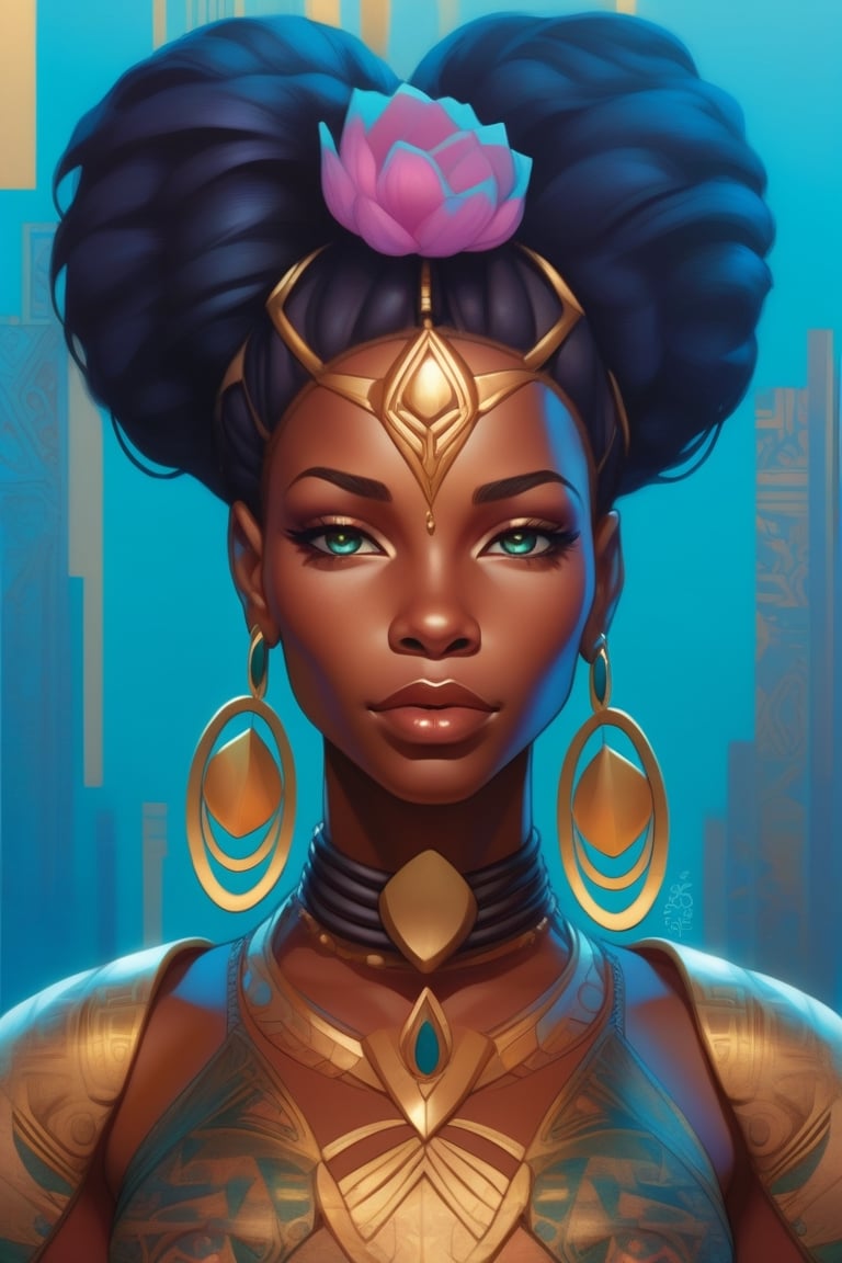 An african girl, in the style of j. scott campbell, simplified and stylized portraits, close - up, dark cyan and light bronze, celebrity - portraits, bryan hitch, afro - caribbean influence, black African queen with dread locs illustration, in the style of bold and colorful compositions, dayak art, patrick brown, kind facial expression, symmetrical balance, highly detailed illustrations, manticore,YeMkAF