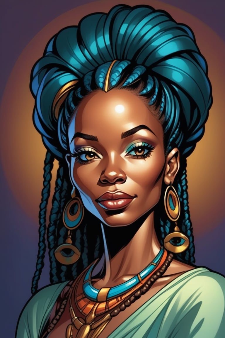 in the style of j. scott campbell, simplified and stylized portraits, close - up, dark cyan and light bronze, celebrity - portraits, bryan hitch, afro - caribbean influence, black African queen with dread locs illustration, in the style of bold and colorful compositions, dayak art, patrick brown, kind facial expression, symmetrical balance, highly detailed illustrations,YeMkAF