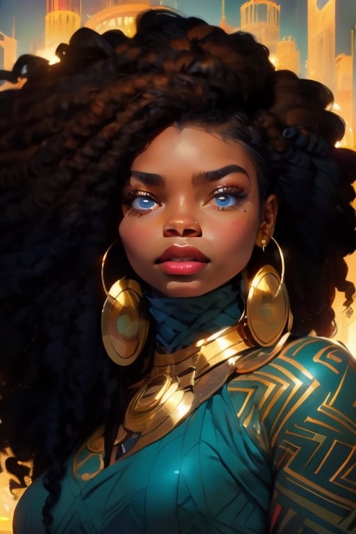 An african man, detailed and stylized portraits, close - up, dark cyan and light bronze, bryan hitch, afro - caribbean influence, black African king with long hair illustration, in the style of bold and colorful compositions, kind facial expression, symmetrical balance, highly detailed illustrations,blue eyes,ASU1,raidenshogundef,High detailed 