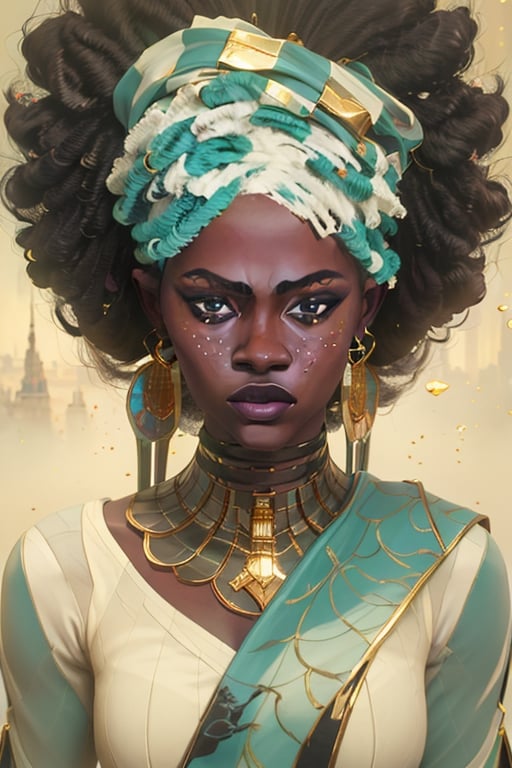 1 african american queen with a rhinestone crown, face forward, full-body_portrait, symmetrical face, perfect grey eyes, smoke, sparks, (female hair made of gold dreadlocks), (long dreadlock hair made of gold neon strands flowing down the body), smoky skin, realism, wearing a gold and silver royal gown, floating over the city, in an absurd manga context, ultra high resolution, 8k, HDr, art, high detail, art,outfit-km,purple dress,pelvic curtain,DonMC3l3st14l3xpl0r3rsXL,TinkerWaifu,black_cat,arcane style,firefliesfireflies