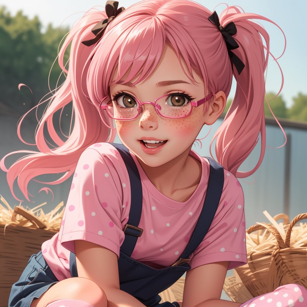 Cute innocent childlike pink-haired 14 years old girl wearing cute pink girly ribbons charismatic blush pigtails freckles glasses sitting on a hay stack, tickle tickled tickling ticklish (hot pink knee socks with polka dots)