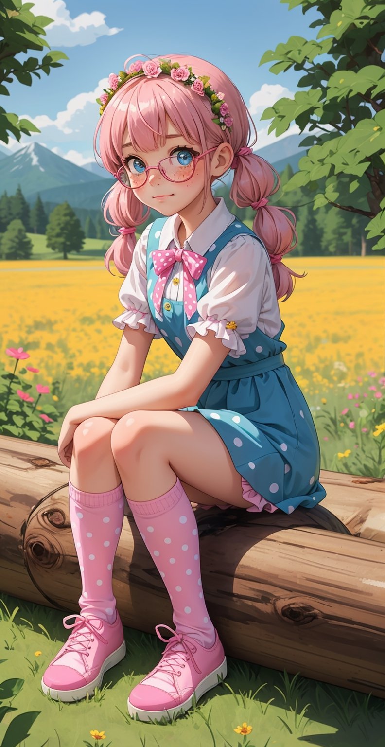 Cute innocent childlike pink-haired 14 years old girl wearing cute pink girly ribbons frills charismatic blush pigtails freckles glasses, dreamy eyes, sitting on a tree log, wearing a flower crown, farm, brnyard, hay stacks, flowers, meadows, distant forest and mountains (hot pink knee socks with polka dots), (pink cute girly shoes)