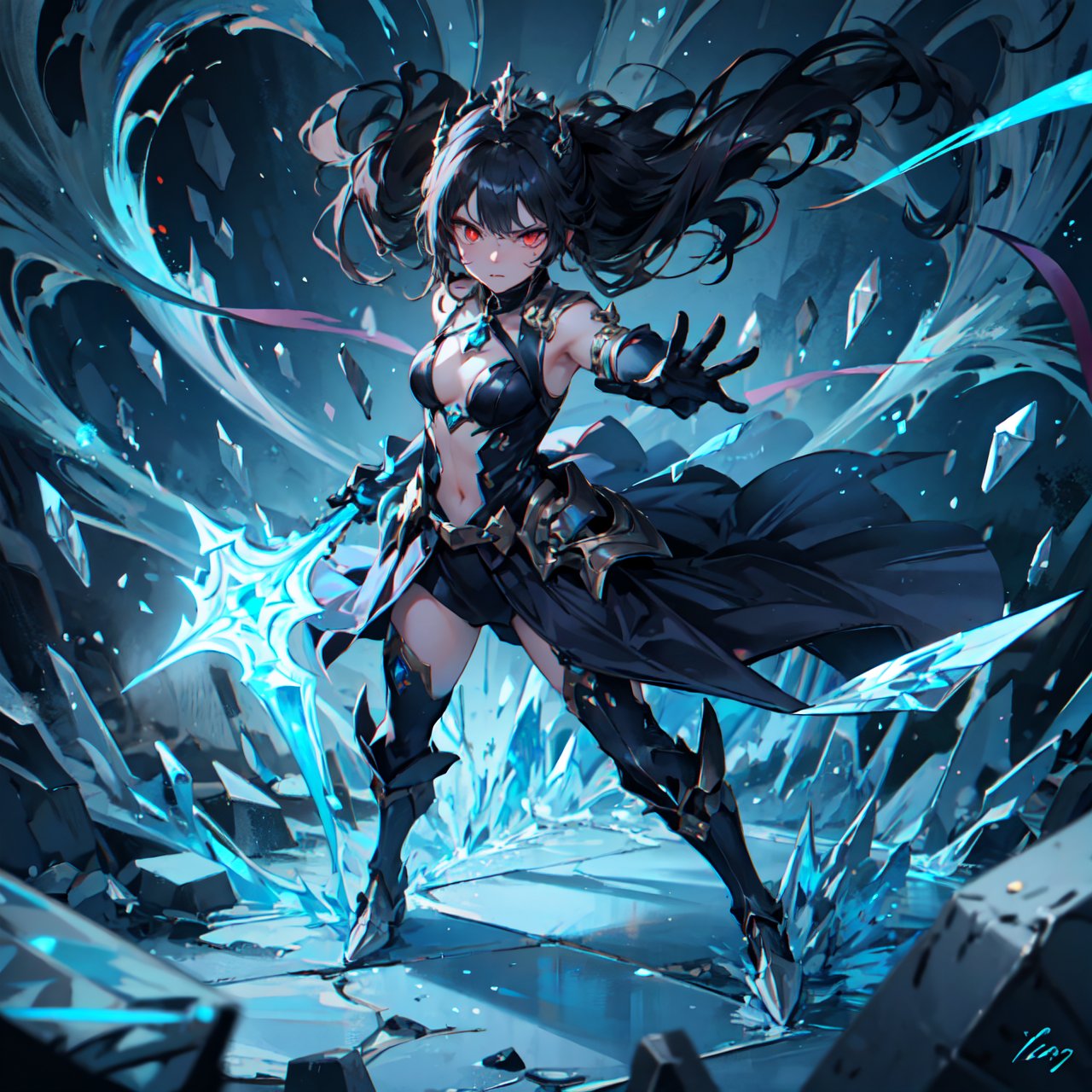 Highres, best quality, extremely detailed, card game art style, demonic female with a crown, 1girl, dark colored outfit, ice attribute, ice crystals, her mouth is closed, teeth slip, furious expression, anger, red flashing eyes, demonic eyes, horror style, natural lighting, dramatic lighting, natural bold shadows, dynamic background, ice crystal background, dynamic atrribute, HD, 8k, epic, clean, neat