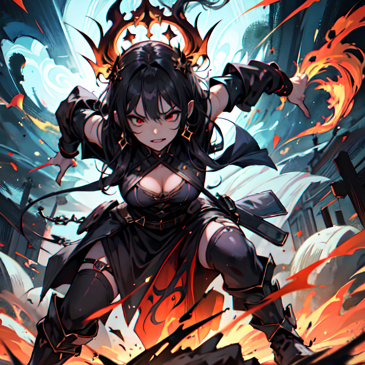 Highres, best quality, extremely detailed, gaming art style, female evil lady with a crown, 1girl, her mouth is closed, teeth slip, furious expression, anger, red eyes, flashing eyes, demonic eyes, horror style, natural lighting, dramatic lighting, natural bold shadows, dark dynamic background, dynamic atrribute, scene background, HD, 8k, epic, clean, neat