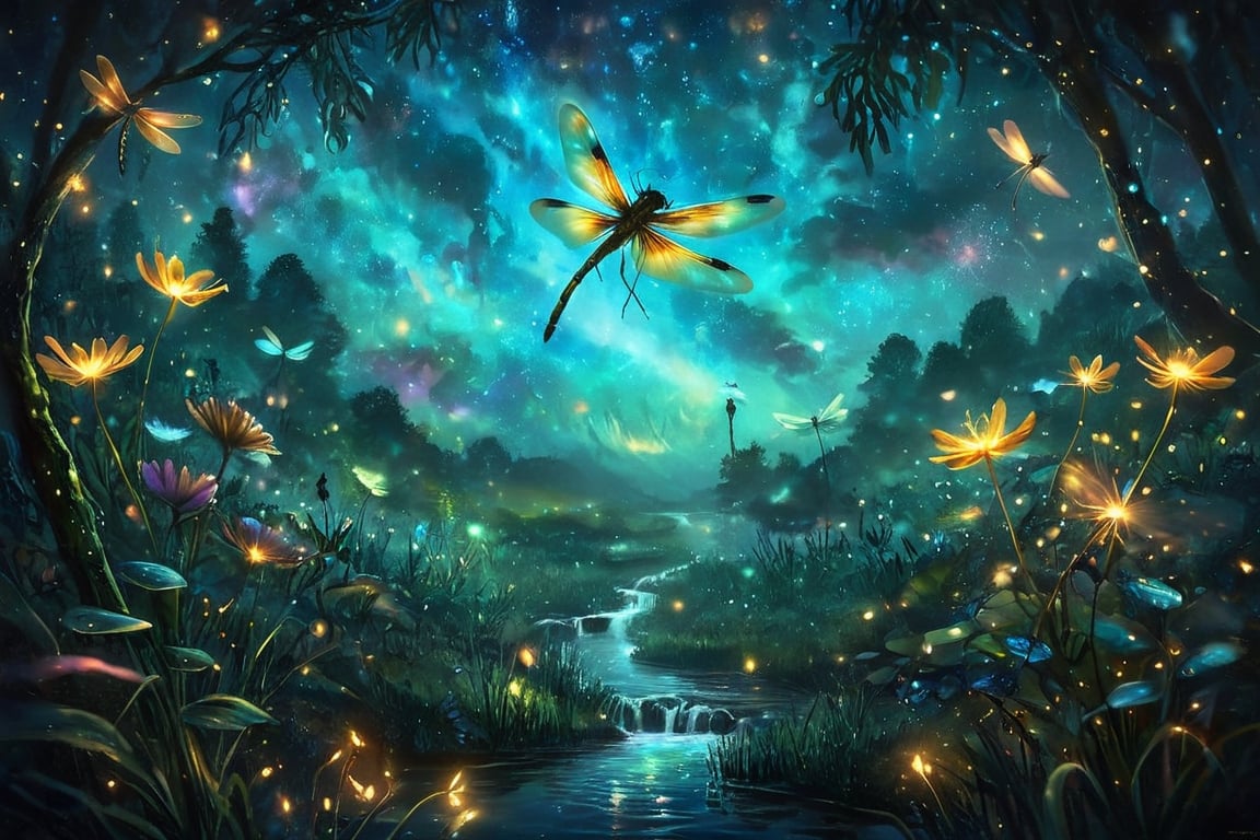 highest quality, beautiful wonderland , cinematic, summer night, dancing dragonflies and fireflies,  bioluminescent flowers, more detail XL.