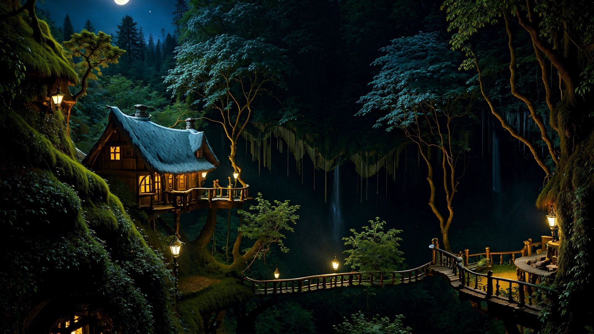 valley, fairytale treehouse village covered, fantacy forest, waterfalls,an Epic fairy world, matte painting, highly detailed, dynamic lighting, cinematic, realism, realistic, photo real, moon night, detailed, high contrast, denoised, centered, michael whelan,Renaissance Sci-Fi Fantasy,FFIXBG