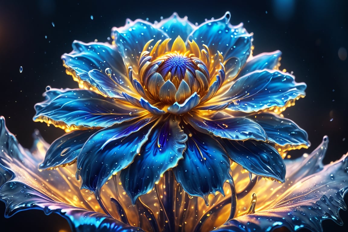 a blue ice flower, burried  in boiling liquid gold, with neon lights, Miki Asai Macro photography, close-up, hyper detailed, trending on artstation, sharp focus, studio photo, intricate details, highly detailed, by greg rutkowski