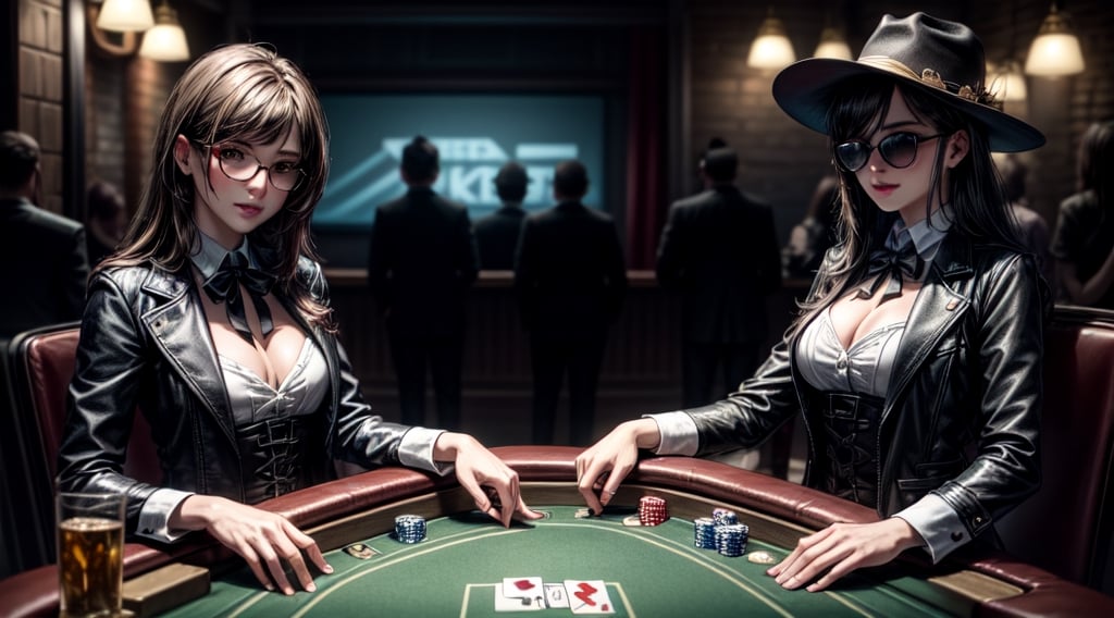 an old timey western saloon with a bar and a poker table, photo-realistic, ultra detailed, ultra-wide, volumetric lighting, cinematic, photorealistic, 16k HDR rendering, vfx, ultra realistic, 8k, cinematic lightning, hyper realistic  --q 5 --ar 16:9 --v 3, dancing saloon girls in background, 1 girl sitting on poker table with 4 gangsters, laying down her cards, all dirty and dusty, sand, dessert, she wears a brown leather vest, white blouse, open buttons, dark green corset, breasts_outside, cowboy hat, small old fashioned sunglasses on the tip of her nose, in one hand a glass with whiskey, in the other hand cards,a royal flush, with winning smile, detailed face, detailed hands, detailed teeth, detailed nose, detailed green eyes, smoky atmosphere, smoke in air, cigares, dark setting, long heavy jackets