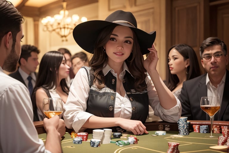 photorealistic, amazing, finely detail, masterpiece,best quality, huge filesize, ultra-detailed, highres, extremely detailed, highly detailed background, realistic, wide angle, wild west, cowboys all around, some saloon girls in background, a piano player, saloon, poker table, 1 girl is sitting at the table with 4 gangsters, she is wearing a lether vest, white blouse, a cowboy hat, old fashioned sunglases, in one hand a glas filled with whiskey, in the other hand, a royal flush, with a winner smile, detailed face, detailed hands, detailed teeth, detailed nose, highly detailed green eyes, full_body, full scene, smokey atmosphere