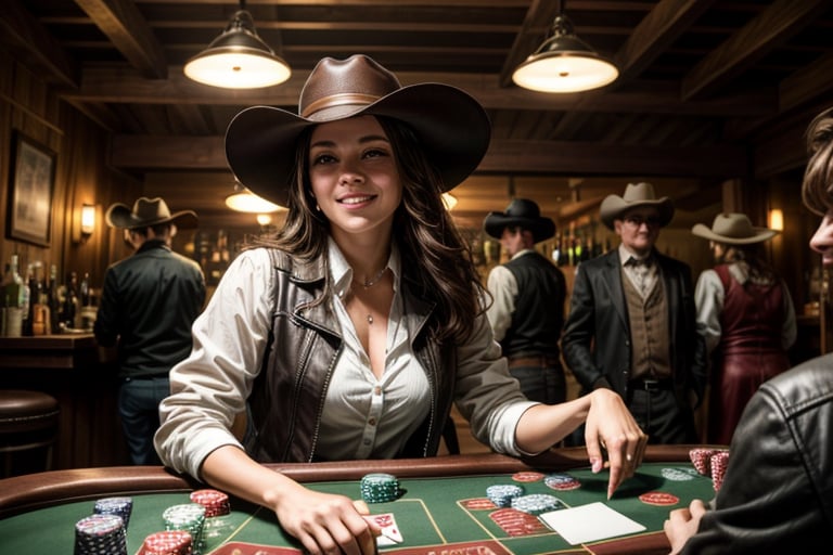 an old timey western saloon with a bar and a poker table, photo-realistic, ultra detailed, ultra-wide, volumetric lighting, cinematic, photorealistic, 16k HDR rendering, vfx, ultra realistic, 8k, cinematic lightning, hyper realistic  --q 5 --ar 16:9 --v 3, dancing saloon girls in background, 1 girl standing at the table with 4 gangsters, laying down her cards, all dirty and dusty, sand, dessert, she wears a brown leather vest, white blouse, cowboy hat, sunglasses, in one hand a glass with whiskey, in the other hand cards,a royal flush, with winning smile, detailed face, detailed hands, detailed teeth, detailed nose, detailed green eyes, smoky atmosphere, dark setting, long heavy jackets