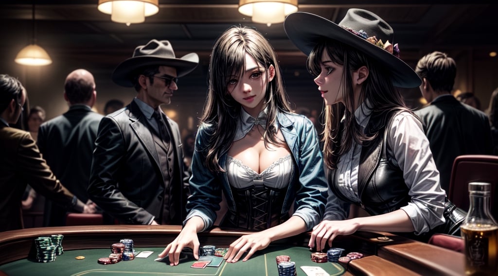 an old timey western saloon with a bar and a poker table, photo-realistic, ultra detailed, ultra-wide, volumetric lighting, cinematic, photorealistic, 16k HDR rendering, vfx, ultra realistic, 8k, cinematic lightning, hyper realistic  --q 5 --ar 16:9 --v 3, dancing saloon girls in background, 1 girl sitting on poker table with 4 gangsters, laying down her cards, all dirty and dusty, sand, dessert, she wears a brown leather vest, white blouse, open buttons, dark green corset, breasts_outside, cowboy hat, small old fashioned sunglasses on the tip of her nose, in one hand a glass with whiskey, in the other hand cards,a royal flush, with winning smile, detailed face, detailed hands, detailed teeth, detailed nose, detailed green eyes, smoky atmosphere, smoke in air, cigares, dark setting, long heavy jackets