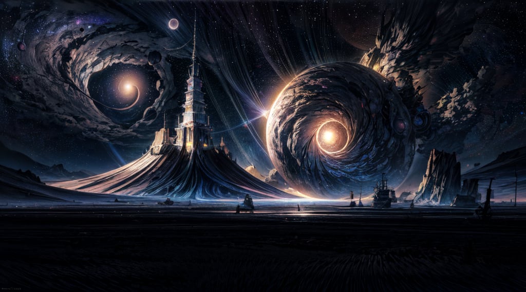 best quality, masterpiece, illustration, an extremely delicate and beautiful, extremely detailed , (realistic, photo-realistic:1.37), photorealistic, amazing, finely detail, masterpiece,best quality, huge filesize, ultra-detailed, highres, extremely detailed, highly detailed background, wide scene, unknown planet, stars, moon, other planets on horizon, colourful lighting, alien building, extreme beautiful desktop background,no_humans, more lights, galaxy in background