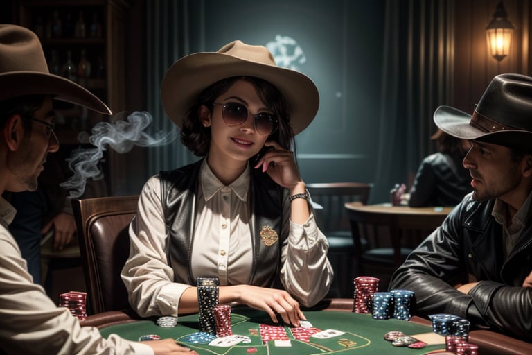 an old timey western saloon with a bar and a poker table, photo-realistic, ultra detailed, ultra-wide, volumetric lighting, cinematic, photorealistic, 16k HDR rendering, vfx, ultra realistic, 8k, cinematic lightning, hyper realistic  --q 5 --ar 16:9 --v 3, dancing saloon girls in background, 1 girl sitting on poker table with 4 gangsters, laying down her cards, all dirty and dusty, sand, dessert, she wears a brown leather vest, white blouse, open buttons, cowboy hat, small old fashioned sunglasses on the tip of her nose, in one hand a glass with whiskey, in the other hand cards,a royal flush, with winning smile, detailed face, detailed hands, detailed teeth, detailed nose, detailed green eyes, smoky atmosphere, smoke in air, cigares, dark setting, long heavy jackets