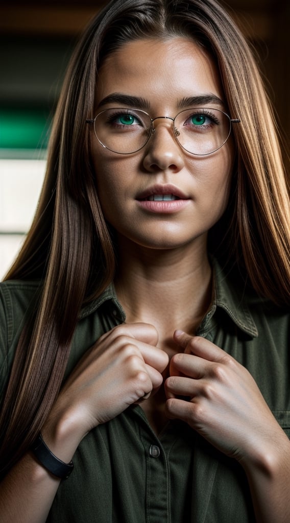 photo-realistic, ultra detailed, ultra-wide, volumetric lighting, cinematic, photorealistic, 16k HDR rendering, vfx, ultra realistic, 8k, soft lighting, hyper realistic, wide angle,1 girl, long red hair, pig tails, big glasses , detailed face, detailed hands, detailed feed, detailed teeth, detailed nose, detailed green eyes, dark setting