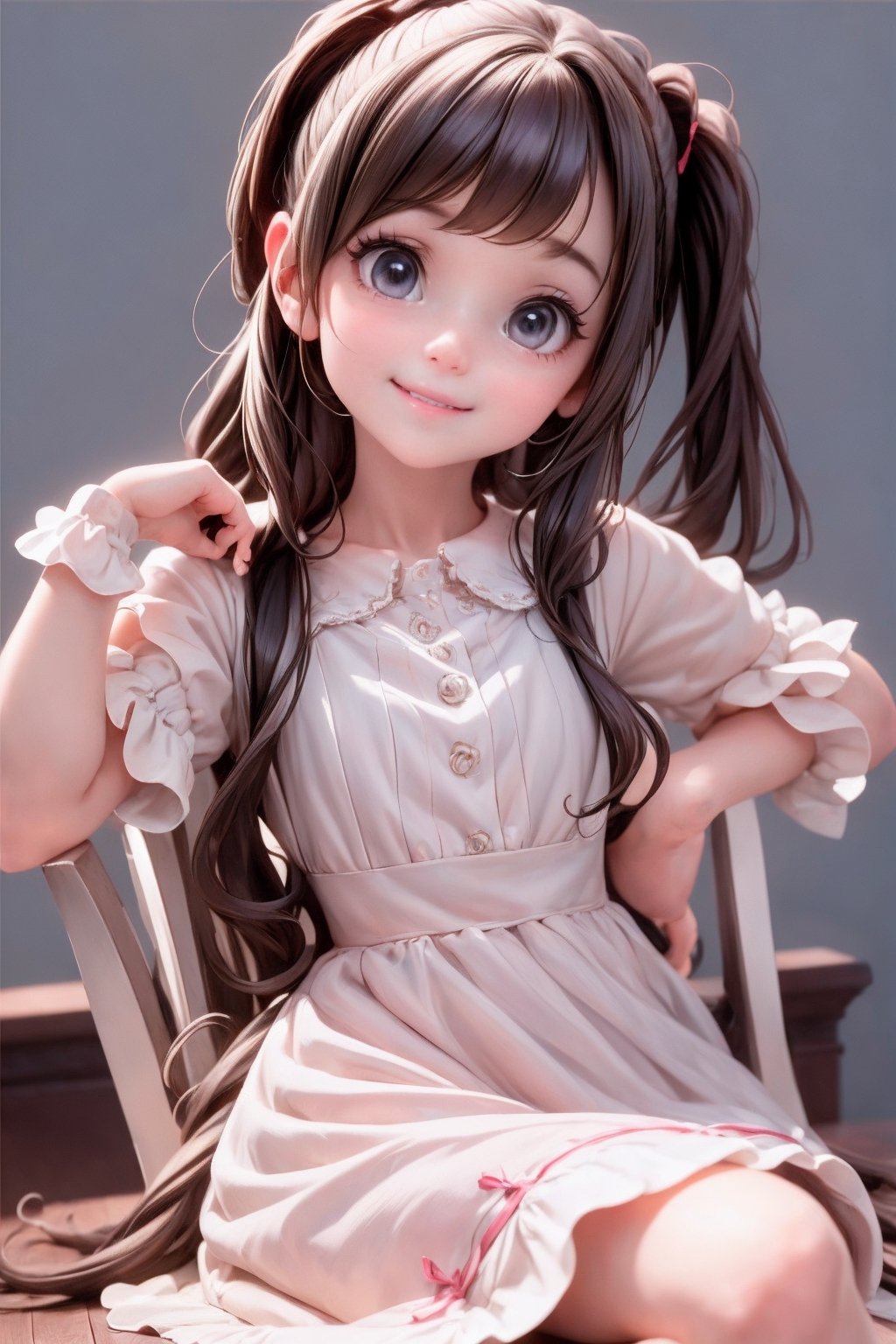 masterpiece, best quality, detailed face, sharp focus, a young girl smiling, loli dress, elegant pose, slouching, sfw,