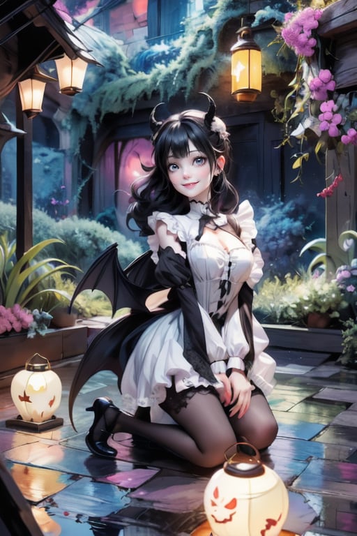 a winged demon_girl smiling, color (pumps), (nylons), kneeling, light creatures floating as lanterns, victorian greenhouse at night, nighttime, night scenery, creepy ambient, gothic art style, lanterns, starryscene